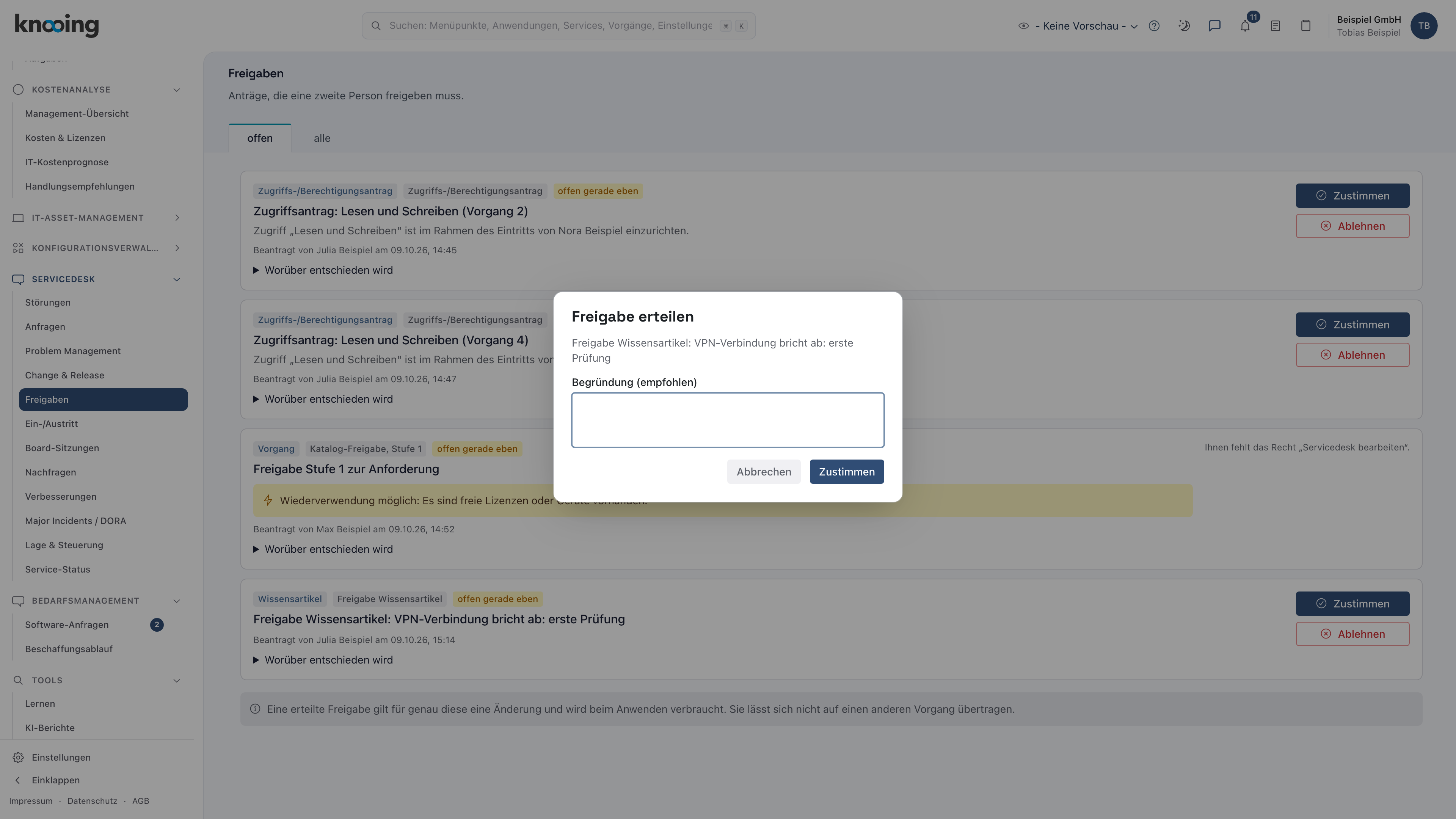 Dialog Freigabe erteilen mit dem Feld Begründung