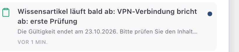 Benachrichtigung Wissensartikel läuft bald ab mit dem Hinweis auf das Gültigkeitsende