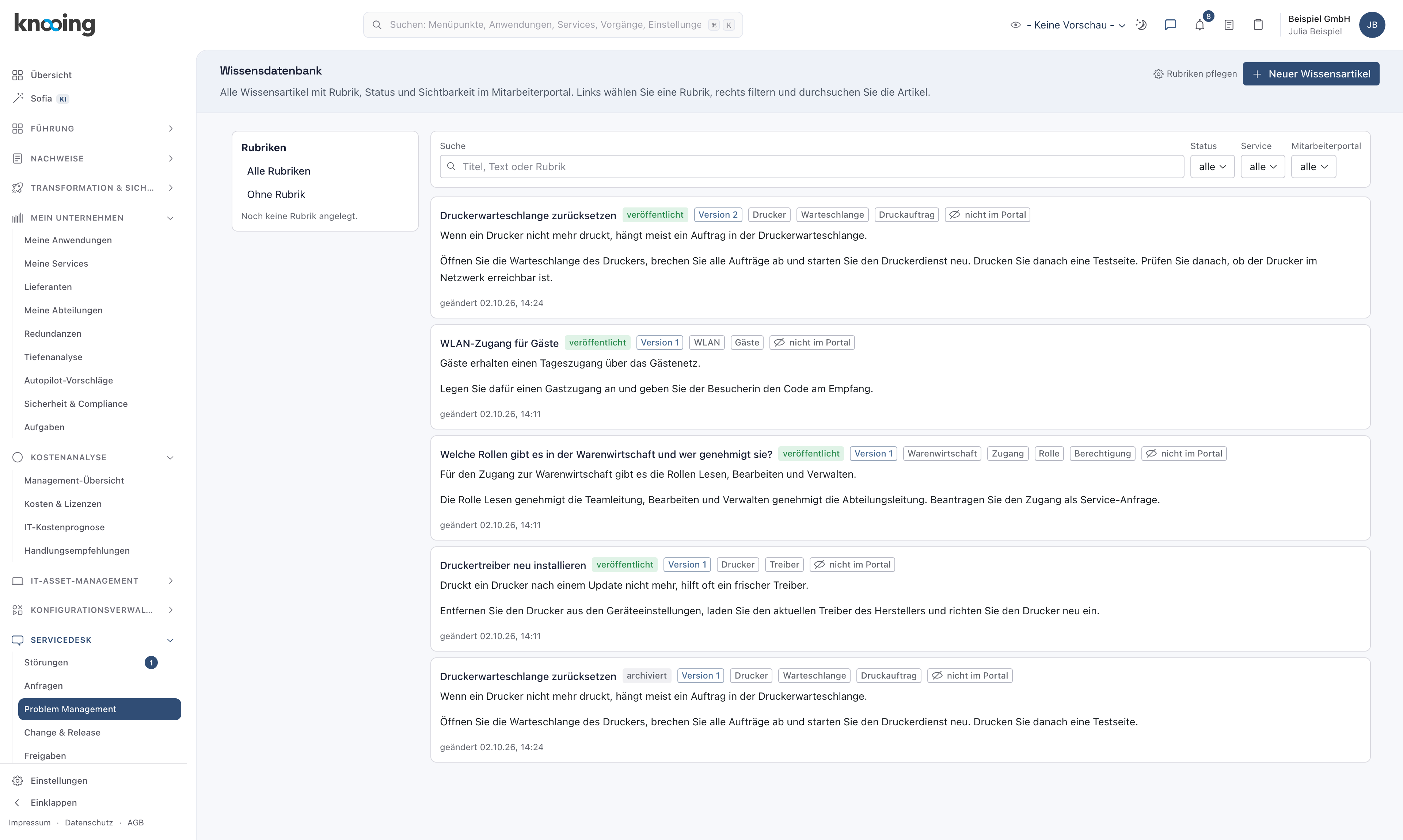 Wissensdatenbank mit der Liste der Artikel, Status und Version