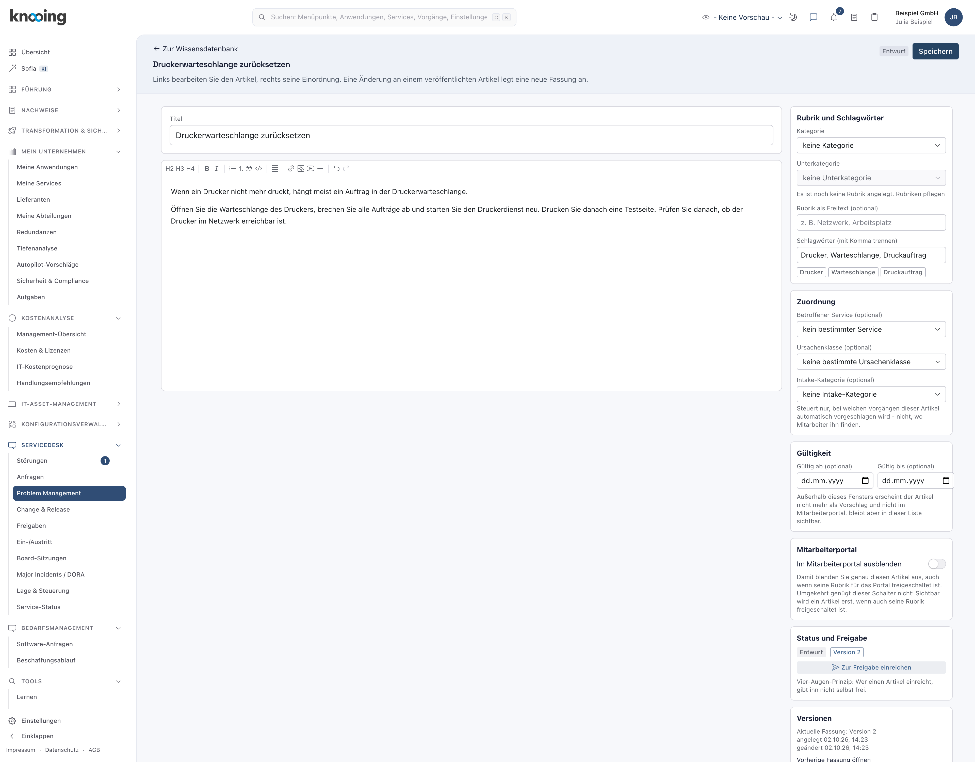 Artikel als Version 2 im Status Entwurf mit dem Knopf Zur Freigabe einreichen und dem Block Versionen