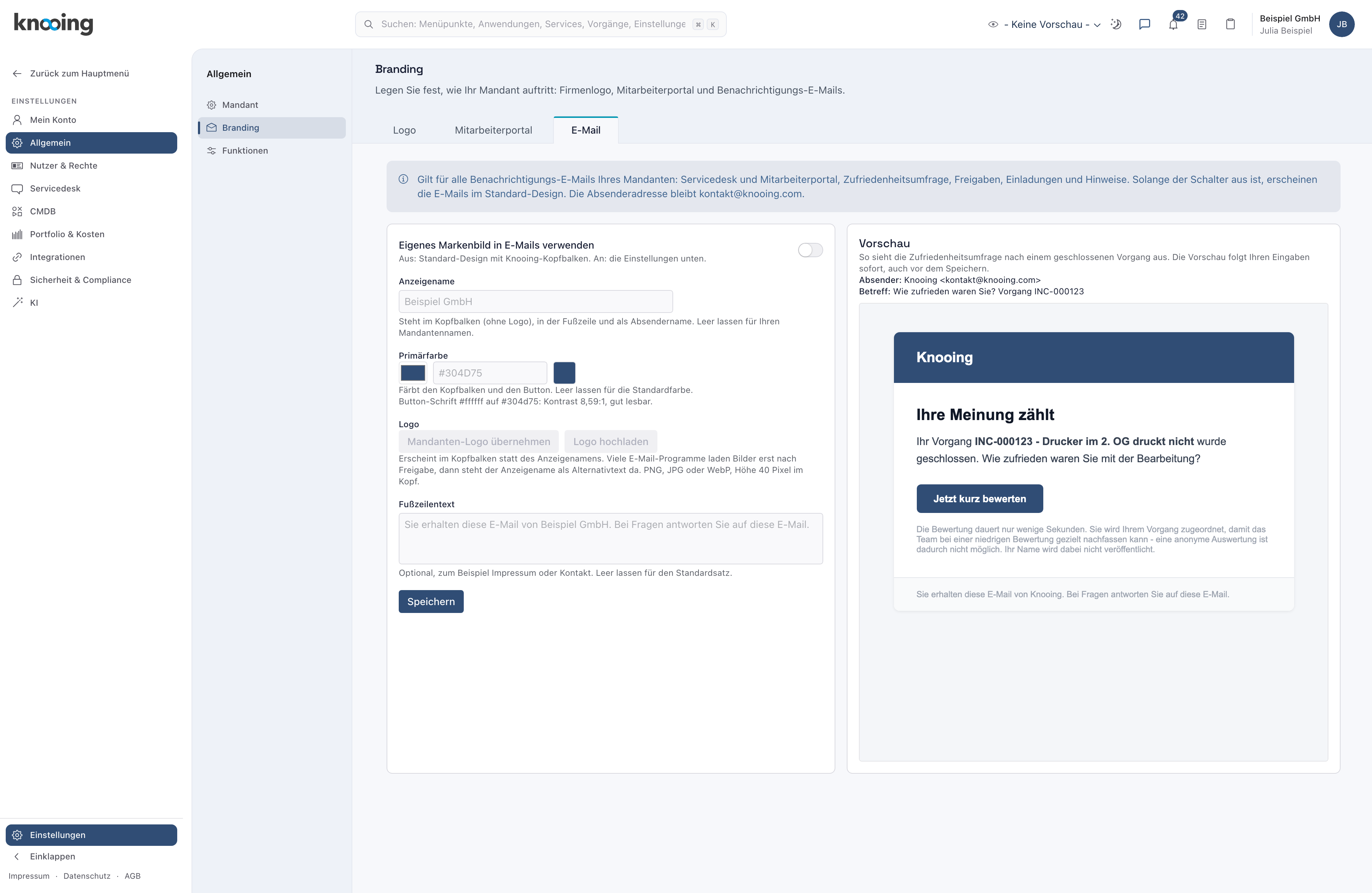 Einstellungen Branding Reiter E-Mail mit dem Schalter Eigenes Markenbild und der Vorschau der Zufriedenheitsumfrage