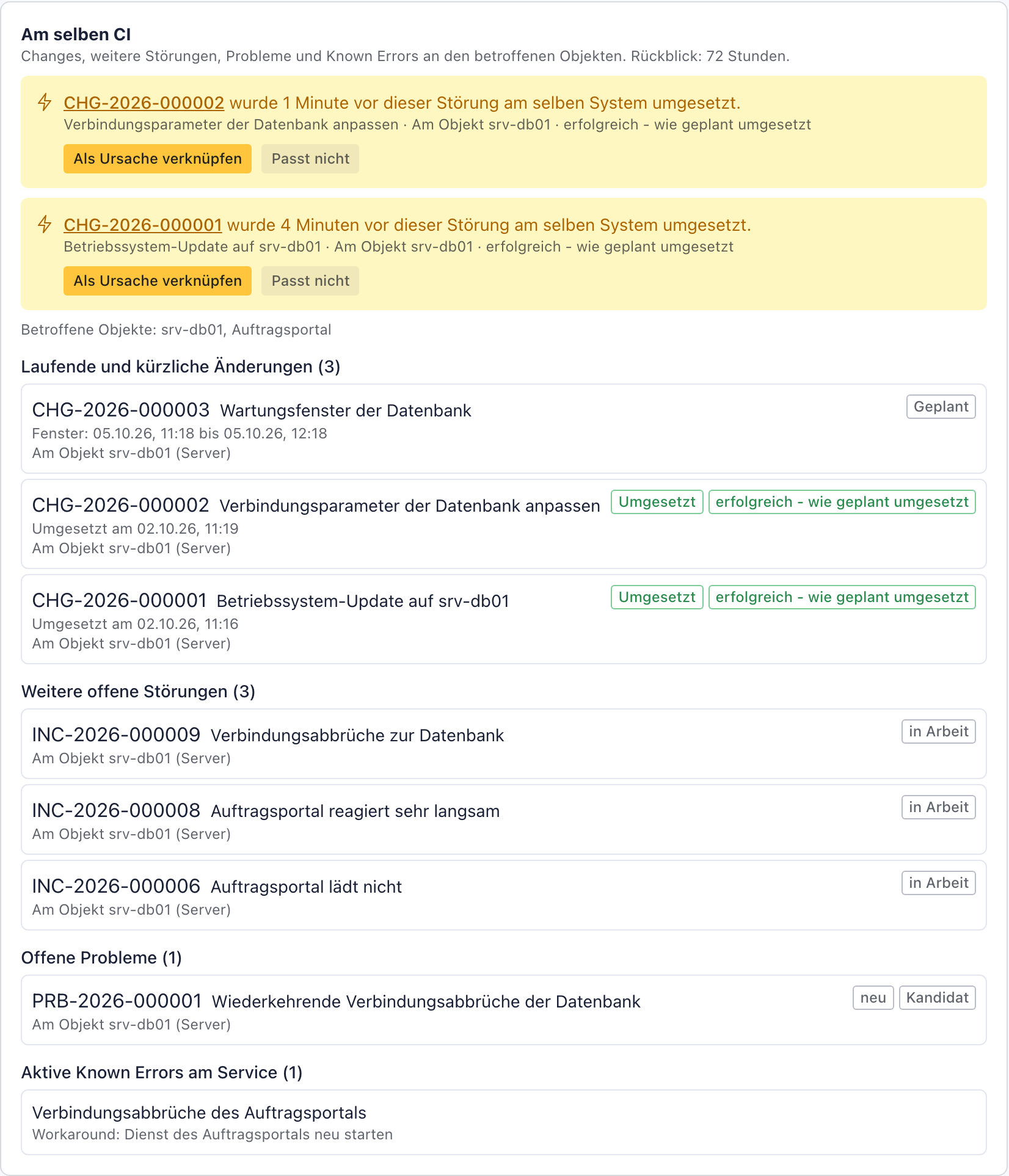 Abschnitt Am selben CI mit zwei gelben Hinweisen auf Changes, den Gruppen Laufende und kürzliche Änderungen, Weitere offene Störungen, Offene Probleme und Aktive Known Errors am Service
