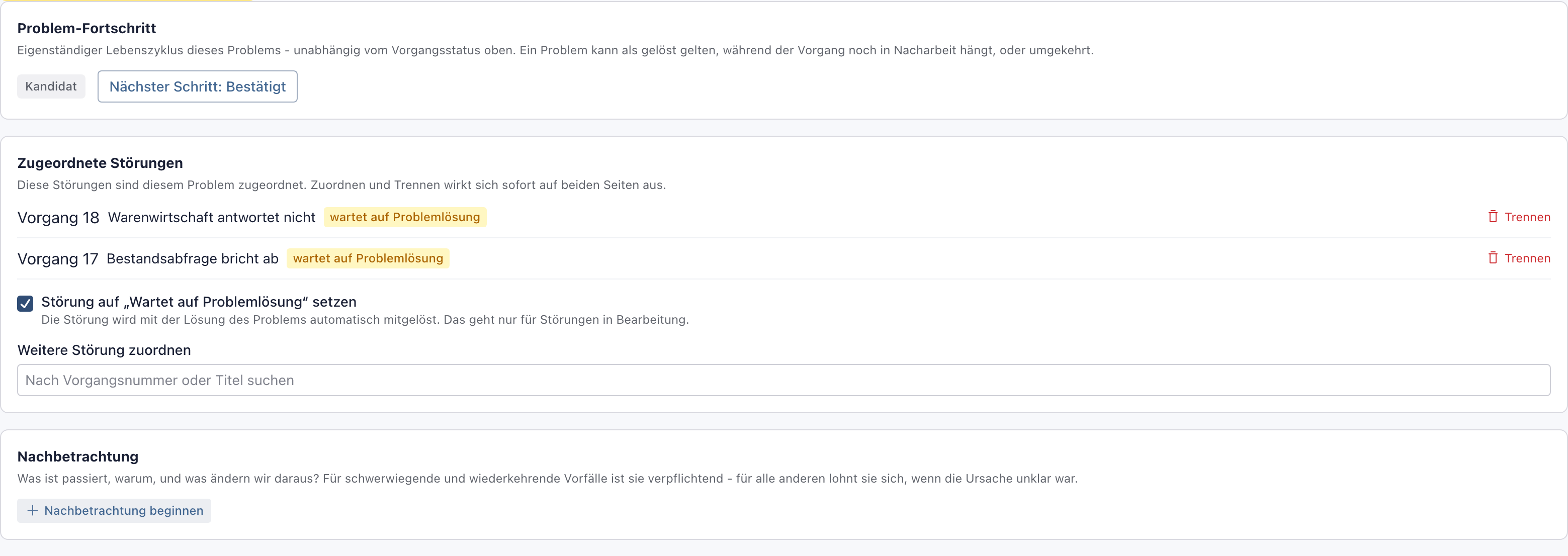 Zugeordnete Störungen am Problem mit der Schaltfläche Trennen bei der Störung Bestandsabfrage bricht ab
