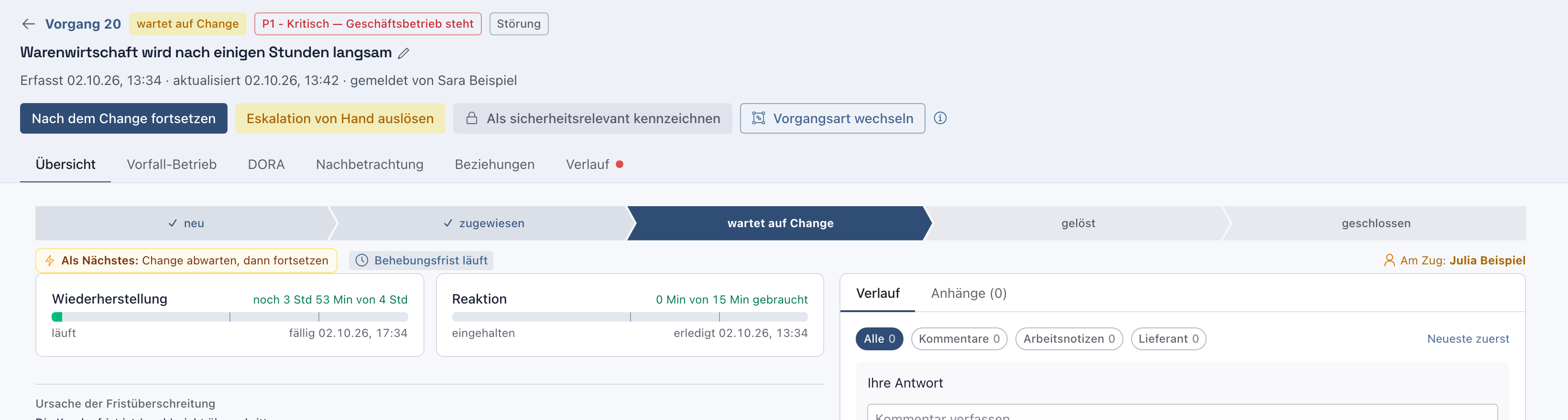 Kopf der Störung mit dem Status wartet auf Change und dem Knopf Nach dem Change fortsetzen