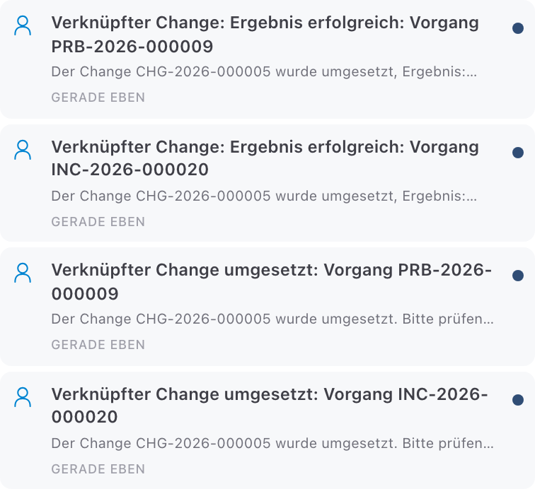 Vier Meldungen zum verknüpften Change für Störung und Problem, je eine mit Ergebnis und eine zur Umsetzung